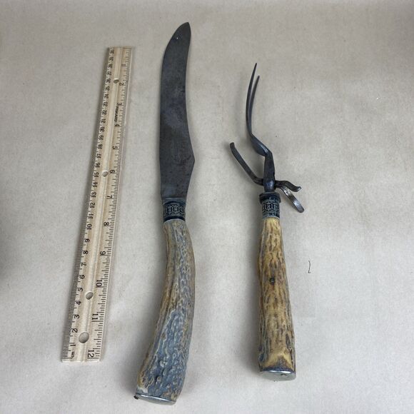 HTF Antique Harrison‎ Bros. & Howson Carving Antler Set Cutlers To Her Majesty